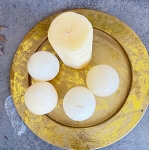 5* Cream Candle Set with Gold Metal Tray 4 Ball 1 Pillar Candle Decor